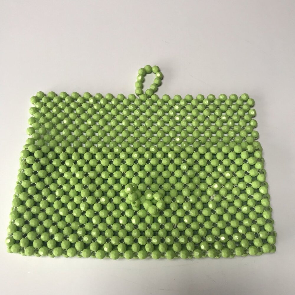 Vintage Plastic Beaded Purse Mod Clutch Bag Lime Green Wallet 60s 70s Rave Disco - Picture 3 of 9